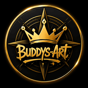 Originales Buddy’s-Art-Logo: goldene Krone und Schriftzug auf Schwarz